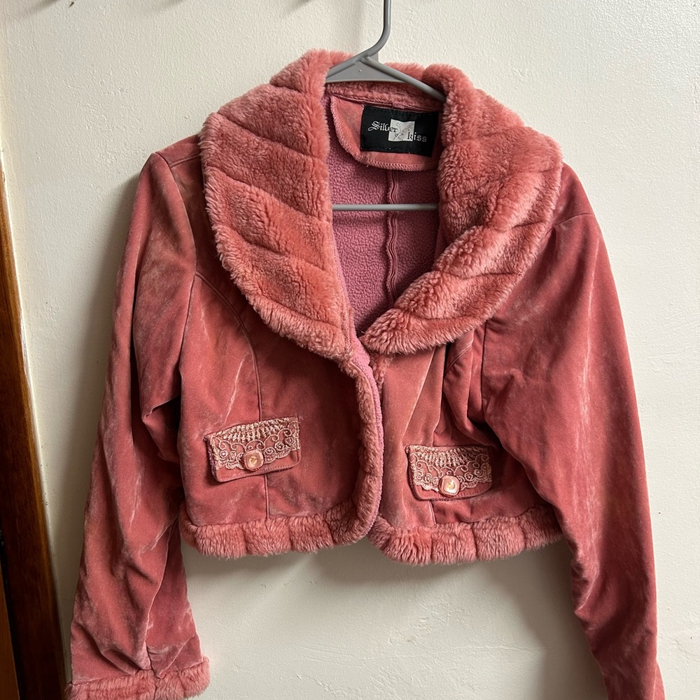 Silver Jeans Pink Teddy Jacket Plush Cropped Design